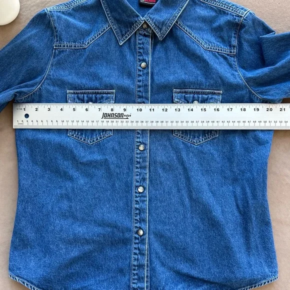 NY Jeans Company Womens Shirt Western Denim Blue Pearl Snap Front, Long Sleeve - Picture 7 of 11
